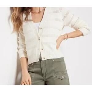 Evereve Button Up Crochet Knit Cardigan Sweater Cream XS